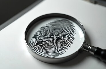 Magnifying glass examines fingerprint on white paper. Detailed close-up shot of biometric identification. Forensic investigation, crime scene analysis. Fingerprint pattern, security concept.