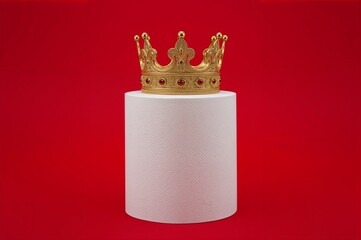 Toilet Paper Roll Wearing a Golden Crown on Red Background