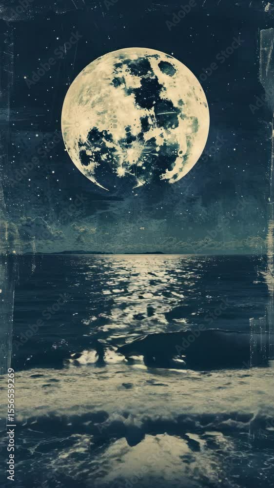 Poster a surreal video concept with a low-angle view of a large moon reflecting on a calm ocean, creating a