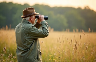 Senior man birdwatching in field, sunny morning. Using binoculars to observe nature. Hobby, leisure activity. Enjoying outdoor recreational pursuits, wildlife observation. Peaceful countryside