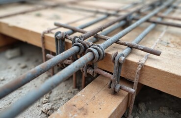 Close-up of construction rebar steel work reinforcement in concrete structure of building. Metal rods, industrial site engineering background, foundation. Iron, cement material, building background.