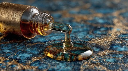 Honey dripping from a golden bottle onto a blue and gold textured surface creating a luxurious effect