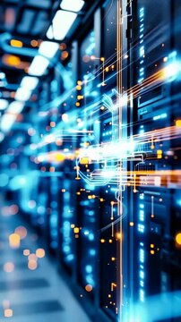Data stream transfer through glowing fiber wires in secure server environment with complex network systems