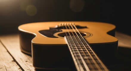Fototapeta premium Acoustic guitar on rustic wood with warm cinematic lighting