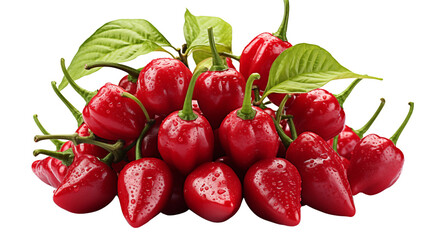 Fresh red Scotch bonnet peppers are piled with vibrant green leaves on a plain white background, displaying natural beauty transparent.