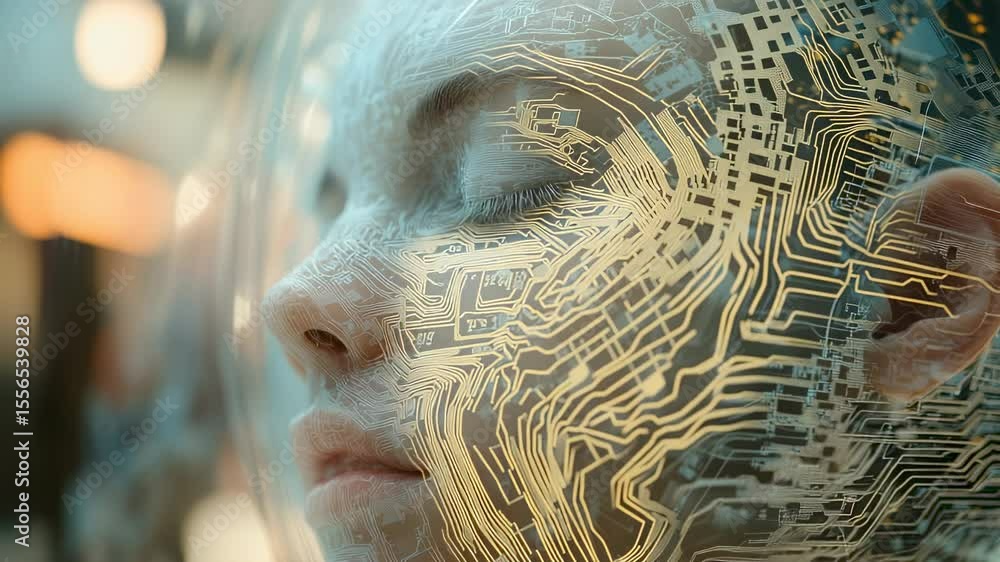 Poster close-up of a womans face with circuit board patterns, futuristic technology concept, digital skin, 
