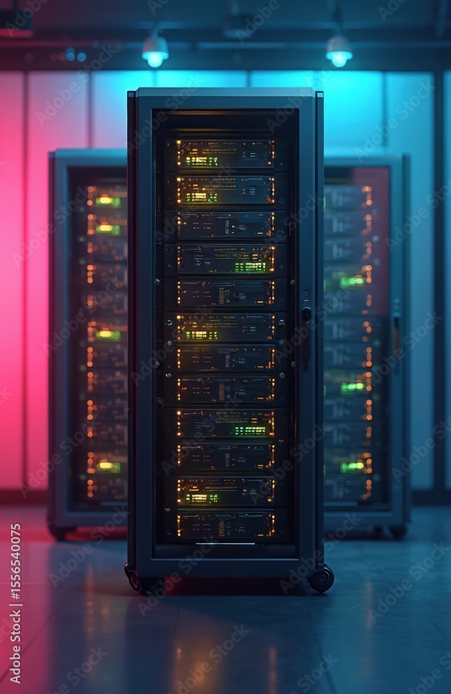 Leinwandbilder Illuminated server rack in data center. Modern tech, high-tech servers, cloud computing concept. Data storage, network hardware. Digital infrastructure, futuristic design, server room. Innovation,