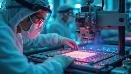 Worker inspecting silicon wafer with microchips in semiconductor fabrication plant. High-tech cleanroom, machinery. Electronic components, advanced technology, industrial automation, engineering.
