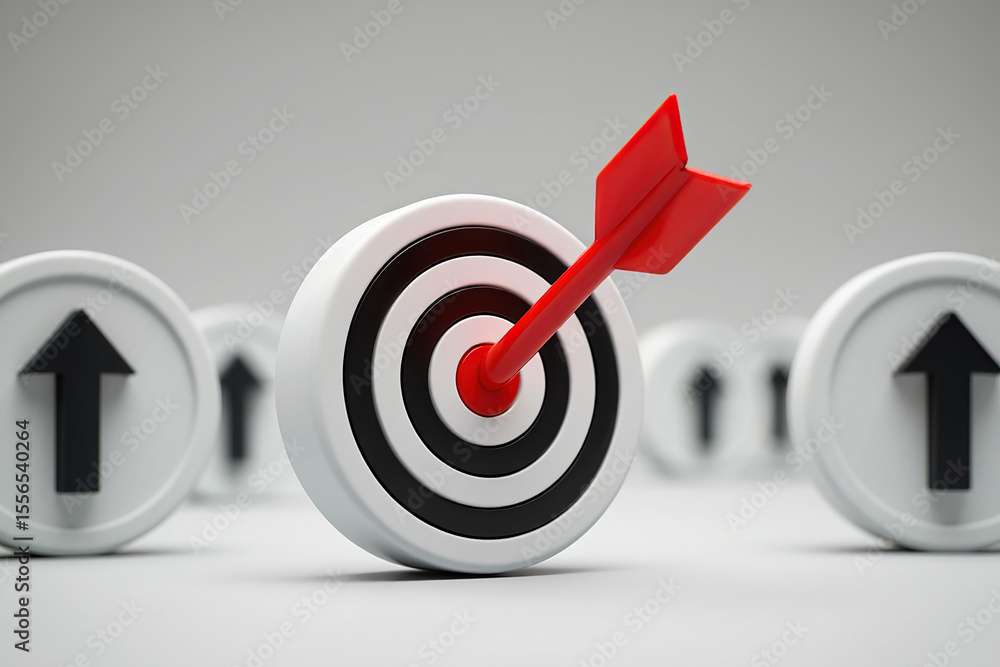Poster precision targeting with arrow hitting bullseye on target board surrounded by directional arrows sym