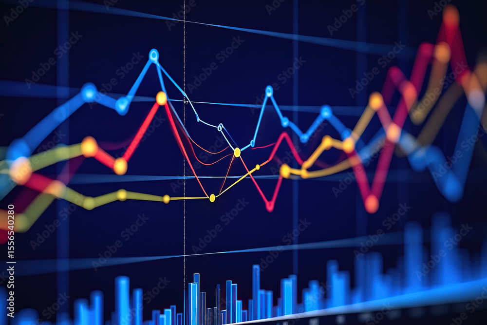 Poster dynamic stock market chart displaying fluctuating trends and data points, representing financial ana