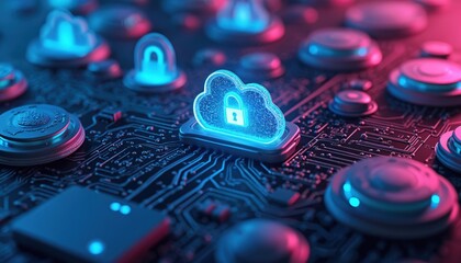 Digital security concept with cloud shield icons on tech background. Online data protection, network connection in neon blue lights. Cyber security, encryption, safe access, firewall, database.