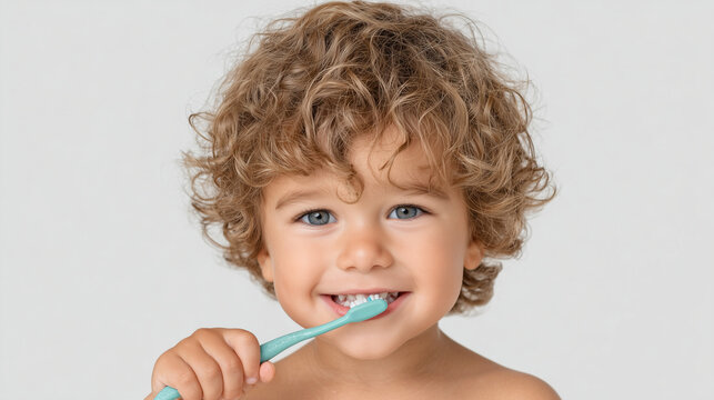 A child brushes their teeth with a toothbrush on a white background. Promotes the formation of healthy oral hygiene habits in children. Pediatric dentistry, healthcare, and content related to hygiene