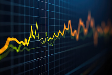 Dynamic Stock Market Chart with Fluctuating Yellow and Green Lines on Dark Grid Background Representing Financial Trends and Investment Opportunities in Global Economy