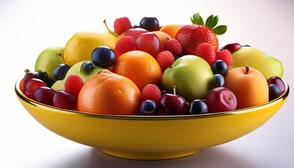 a yellow bowl filled with colorful glossy fruit
