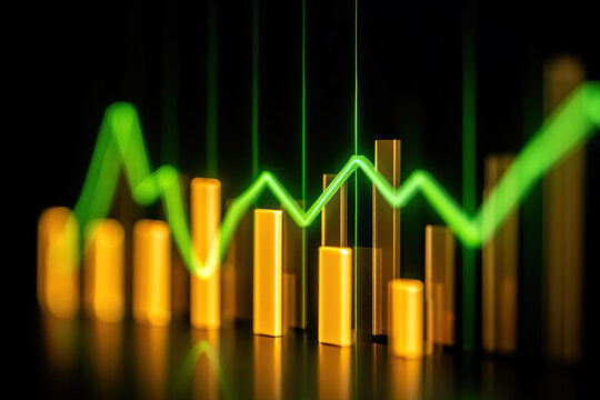 Abstract Financial Chart with Green Line Graph and Golden Bars Representing Market Trends and Economic Growth on a Dark Reflective Surface