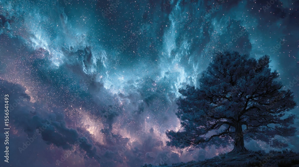 Poster tree on a hill glows in the twilight beneath a sky full of stars at nighttime