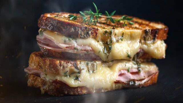 Croque monsieur with lighting on black background with smoke