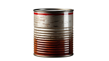 A rusty tin can stands alone against a light background showcasing aged metal, corrosion, and weathered surfaces transparent.