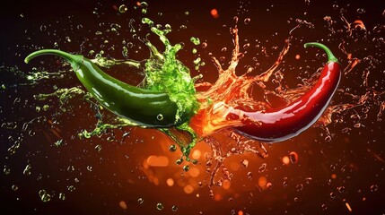 Green chili sauce and Sriracha splashing together in mid-air, creating fiery, bold patterns with deep red and bright green hues