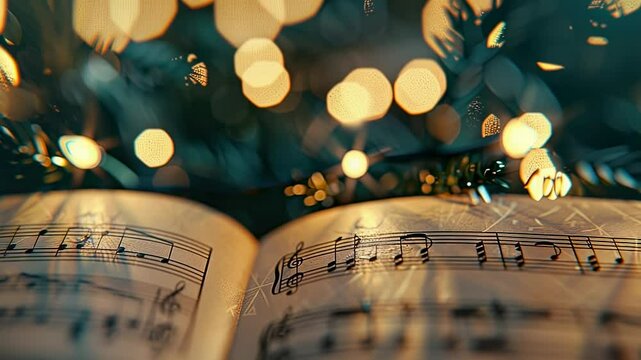 Festive sheet music with bokeh lights and Christmas tree, close-up