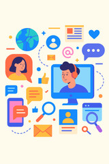 Colorful flat vector illustration of online communication, social networking, video chat, global messaging, website search, mobile web, digital media, internet connection, modern technology concept