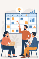 Team Collaboration Brainstorming Calendar Planning, Marking Important Deadlines, Scheduling Tasks, Analyzing Company Data, Project Management, Modern Office Meeting, Flat Vector Illustration