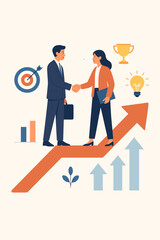 Business teamwork success concept. Two businesspeople shaking hands on upward arrow. Partnership, collaboration, growth, achievement, goal setting, leadership, innovation, target, trophy, graph.