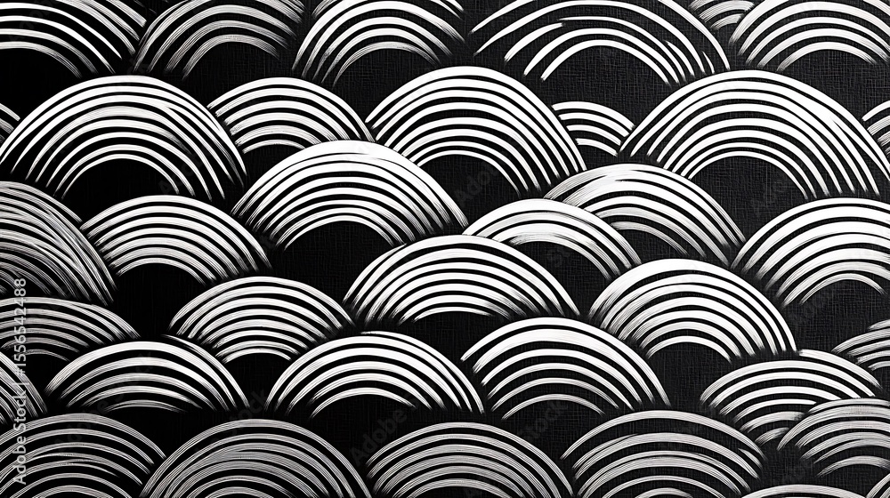 Poster minimalist black and white background pattern with repeating arcs and brush strokes for modern desig