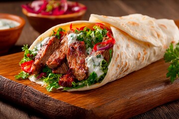 A mouthwatering wrap showcases tender grilled meat alongside crisp vegetables and a drizzle of creamy sauce, all presented on a rustic wooden surface, highlighting its rich flavors
