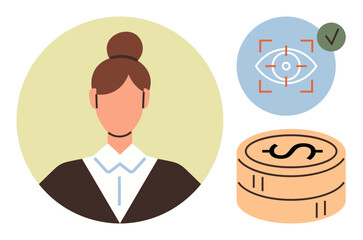 Female avatar with top bun, eye scan verification with checkmark, and coin stack. Ideal for identity, security, technology, biometrics, finance authentication privacy. Simple flat metaphor