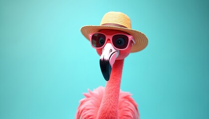 Cute pink flamingo wearing sunglasses and a straw hat against a pastel blue background. Tropical bird posing ready for summer vacation, travel. Funny animal cartoon character, creative art.