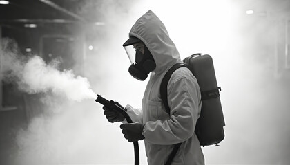 Technician wears full gear, fumigating commercial warehouse space. White protective suit, mask, respirator, backpack sprayer, disinfects against insects, viruses, pests. Health safety, pest control,