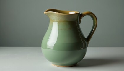 Green ceramic pitcher unique shape. Glossy finish, kitchenware design. Hand-made artistry, rustic appearance. Decorative home accent, table settings. Versatile for serving beverages, water jug,