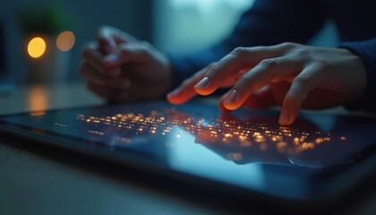 Fototapeta premium Hands interact with glowing tech device, representing digital inclusivity. Smart device screen lights up reflecting interaction. Concept of accessibility, technological advancements. Microphotography
