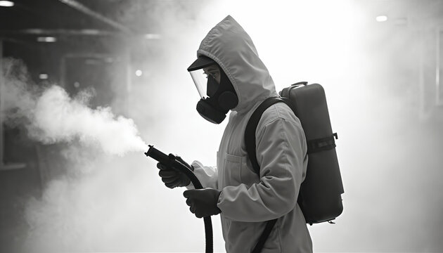 Technician wears full gear, fumigating commercial warehouse space. White protective suit, mask, respirator, backpack sprayer, disinfects against insects, viruses, pests. Health safety, pest control, - Powered by Adobe