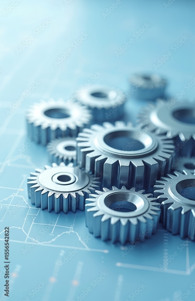 Poster Close-up of industrial gears on blue background with circuit lines. Technical concept of industry equipment machinery. Automation system hardware innovation and engineering production process.
