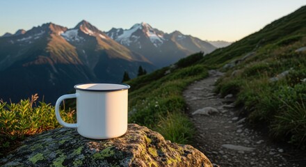 Blank Enamel Mug Mockup on Rock by Hiking Trail with Mountain Background and Logo Space