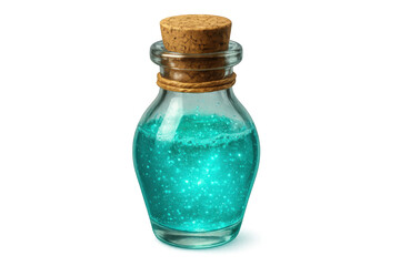 Turquoise luminescent magical potion glowing within corked glass bottle, sparkling against transparent backdrop