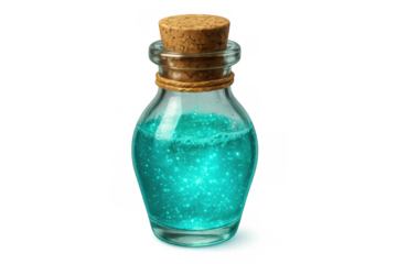 Turquoise luminescent magical potion glowing within corked glass bottle, sparkling against transparent backdrop