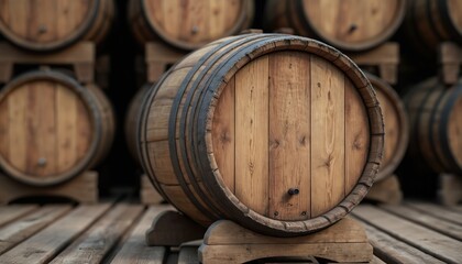 Aged wooden barrel sits on rustic planks in a warehouse setting. Traditional cask with steel rings. Storage of alcohol beverages like wine, whiskey, beer. Distillery and fermentation concept.