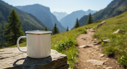 Blank Enamel Mug Mockup on Rock by Hiking Trail with Mountain Background and Logo Space