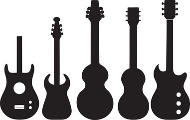 Collection of five black silhouette guitar icons on a white background