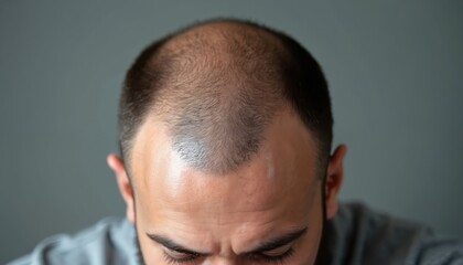 Obraz premium Close-up view male scalp hair loss problem. Baldness, alopecia, receding hairline. Dermatology issues medical health concept. Hair transplant treatment, healthcare.