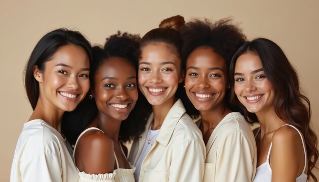 Smiling diverse female models with different skin tones. Women wear white, cream colored clothes. Friends standing on beige studio background, smiling. Beauty, skincare, fashion, cosmetics concept.