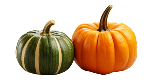 Two vibrant pumpkins display fall harvest themes against a simple backdrop, showing autumn's colorful fruits and vegetables transparent.