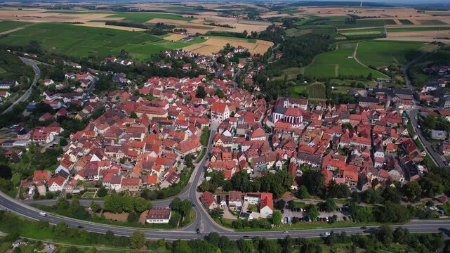 A panoramic aerial view of the city Dettelbach in Germany on a sunny day in spring
