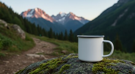 Blank Enamel Mug Mockup on Rock by Hiking Trail with Mountain Background and Logo Space