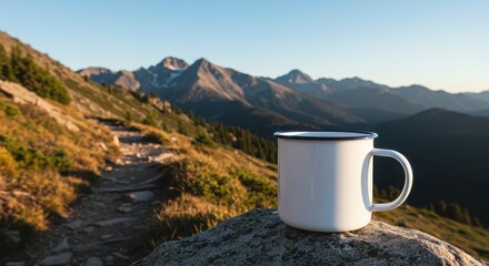 Blank Enamel Mug Mockup on Rock by Hiking Trail with Mountain Background and Logo Space