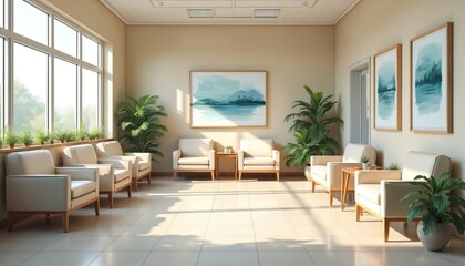 Fototapeta premium Watercolor hospital waiting room with comfortable chairs, calming artwork. Interior design features comfortable seating, large windows, potted plants, landscape art. Serene atmosphere for patient