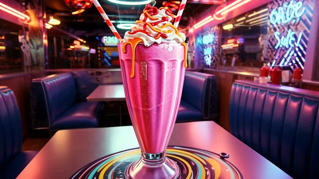 Vibrant retro diner scene featuring a delicious strawberry milkshake under neon lights with vivid